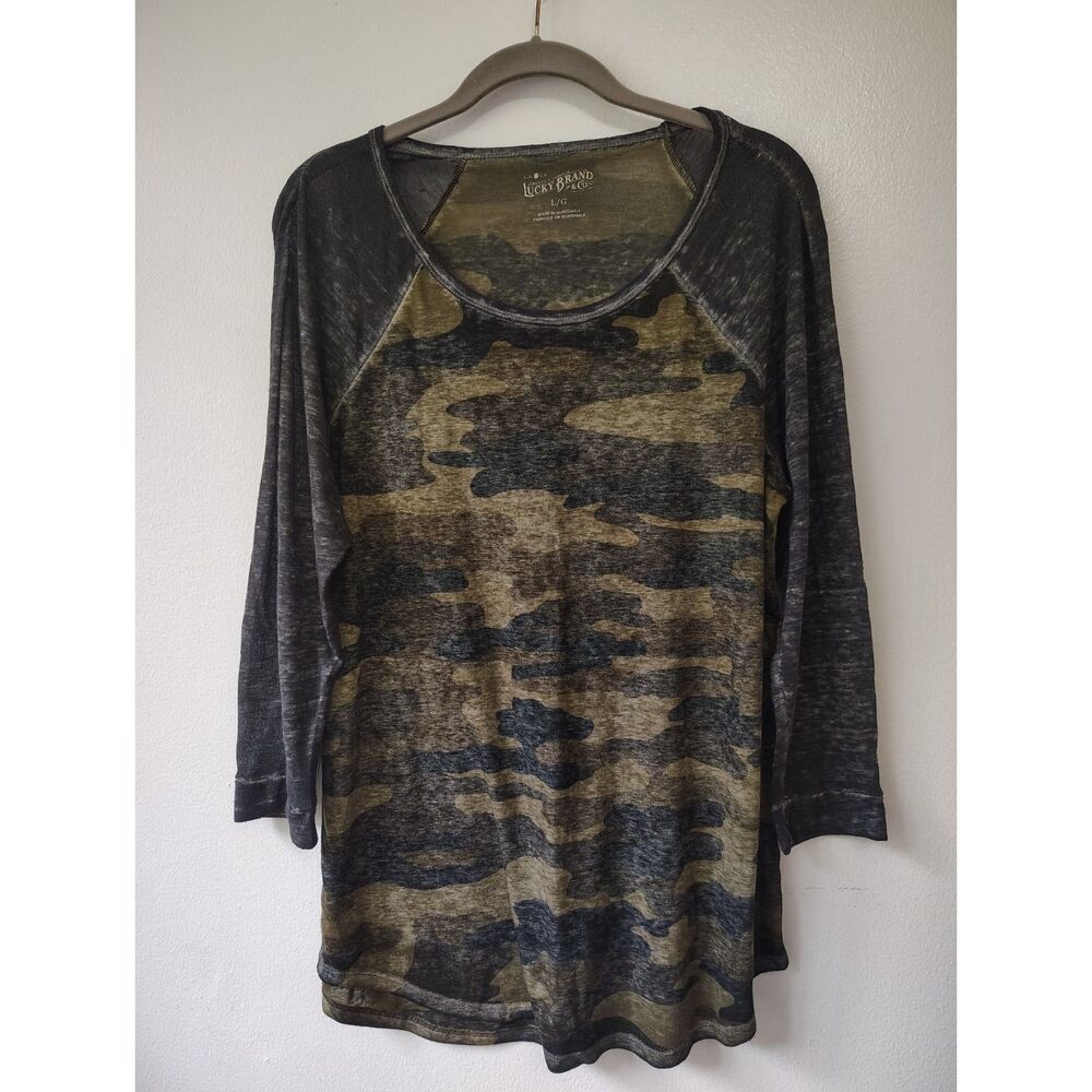 Lucky Brand Camo Raglan Top Large Green Black Burnout 3/4 Sleeve Casual Boho - Picture 2 of 6